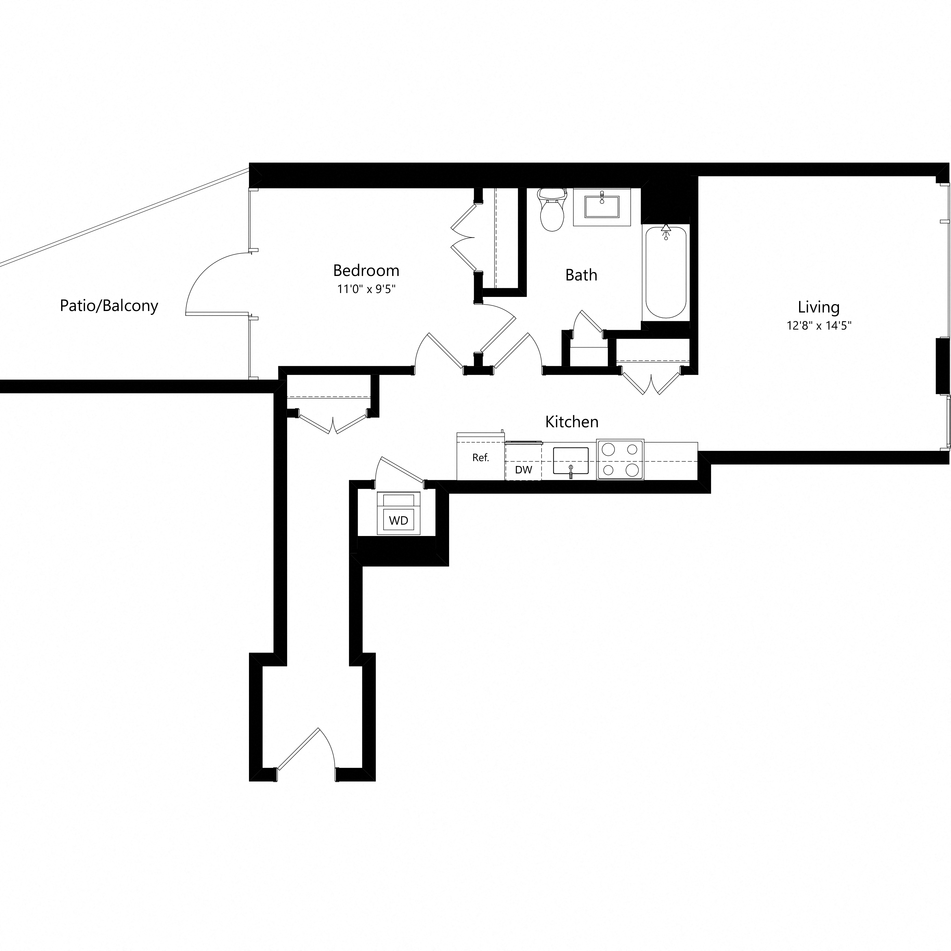 Floor plan for 1 bed, 1 bath, 679 sqft